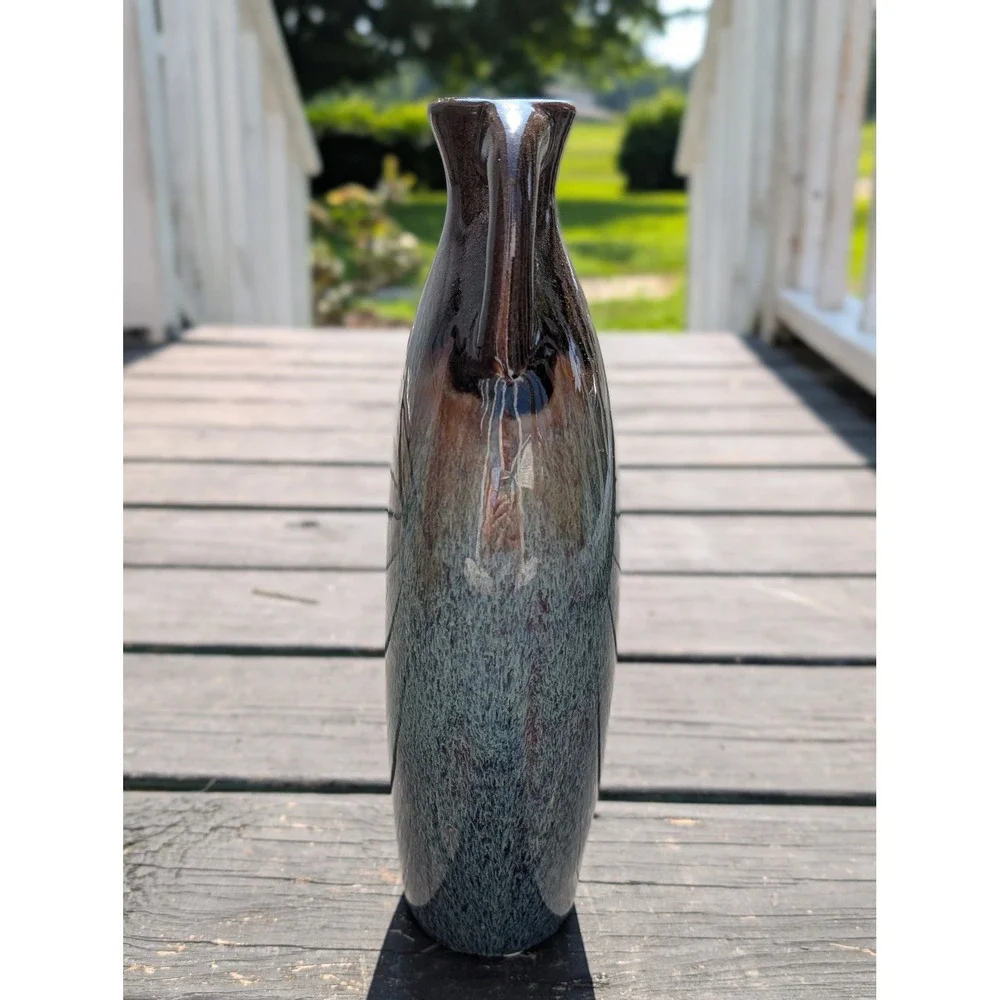 Vintage Ceramic Vase Medium Blue Brown Excellent Drip Glaze Amphora Decor